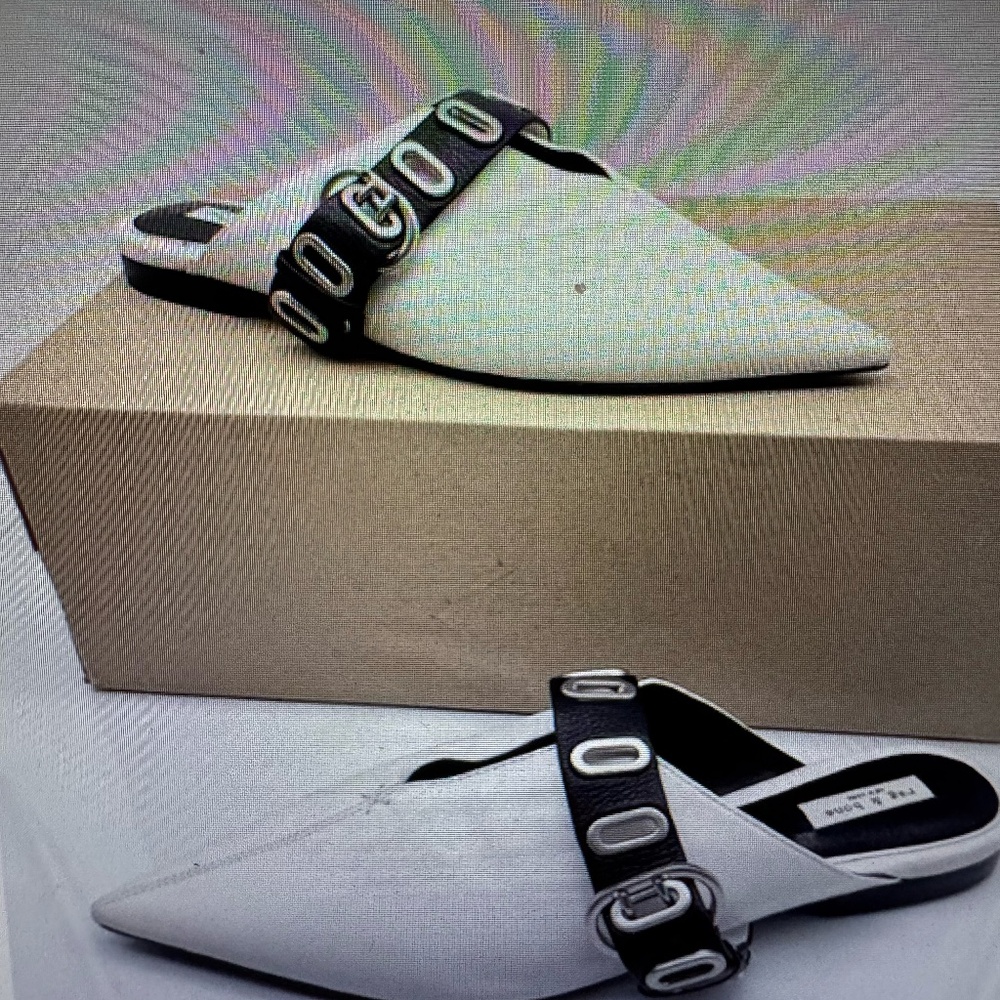 Rag & Bone Victory White Leather Pointed Toe Buckle Mules; size 9/10